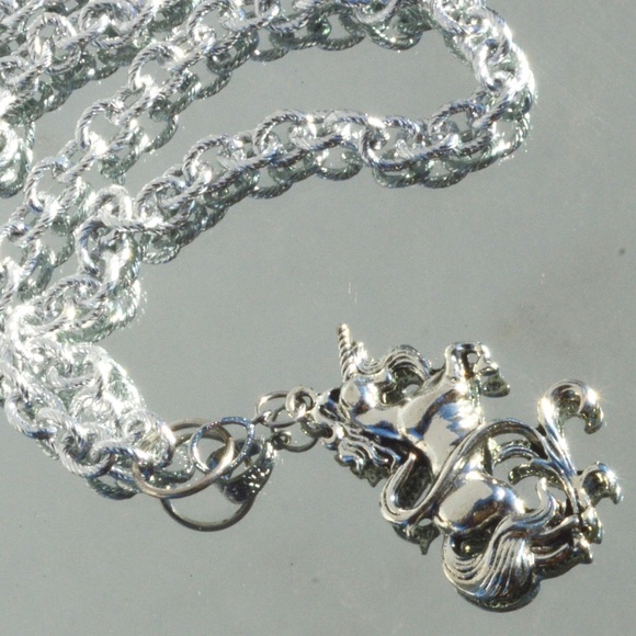 Conceptual Subculture Jewelry - Silver Unicorn Pendant Cable Chain Necklace Long